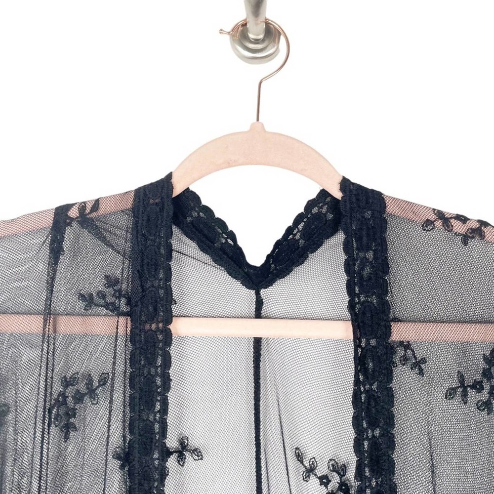 Boho Gypsy Beach Goddess Swim Cover Up Black Maxi Dress Duster Tie Front - Picture 8 of 13